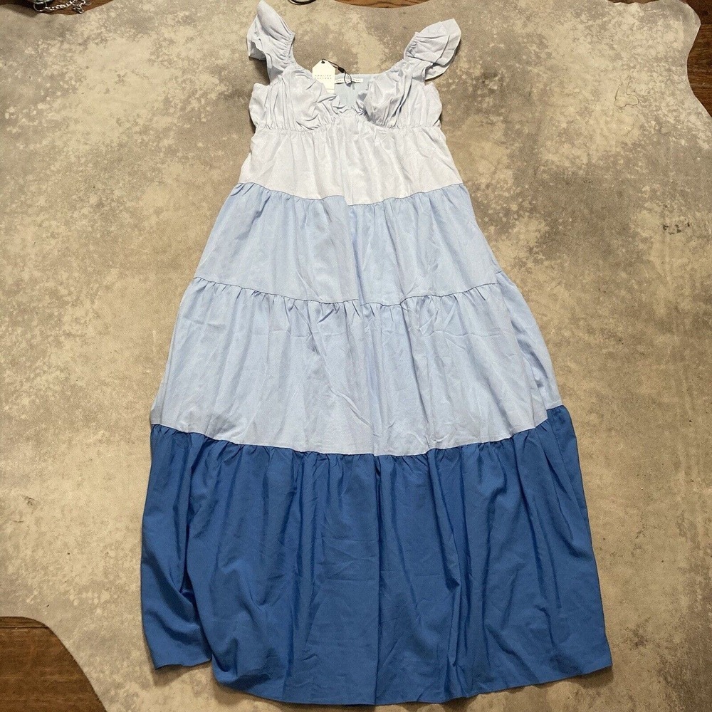 English Factory Maxi Dress Large Blue Colorblock Tiered Sweetheart‎ Neck Ruffle